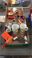 Box of vintage toys, cap gun, puppy cups, Mimi