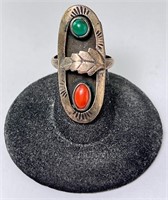 Large Sterling Vintage Native Turquoise/Coral Ring
