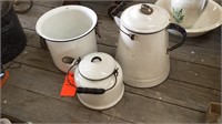 3 black trim enamelware items