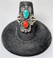 Vintage Sterling Turquoise/Coral Native Ring 7 Gr