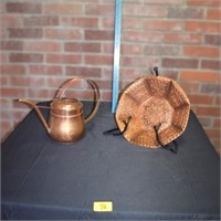 Hammered copper watering can, copper bowl with