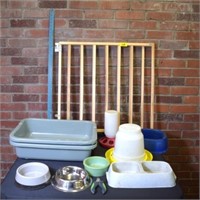 Chicken feeders, gate, tubs, dog bowls