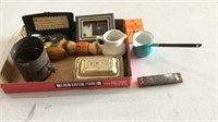 Blue enamel ladle , harmonica, specs, sifter etc