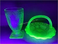Glowing uranium glass sherbet glass and handled