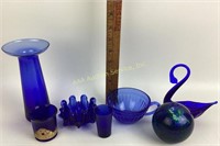 Cobalt Blue Glass Top Hat Vase, Swan, Mug,