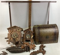 Cuckoo clocks broken parts, wooden treasure box,