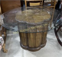 Oblong end table, round glass table top.