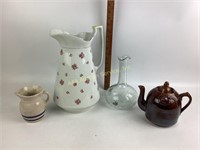 Crackle glass vase, pottery teapot, Roseville