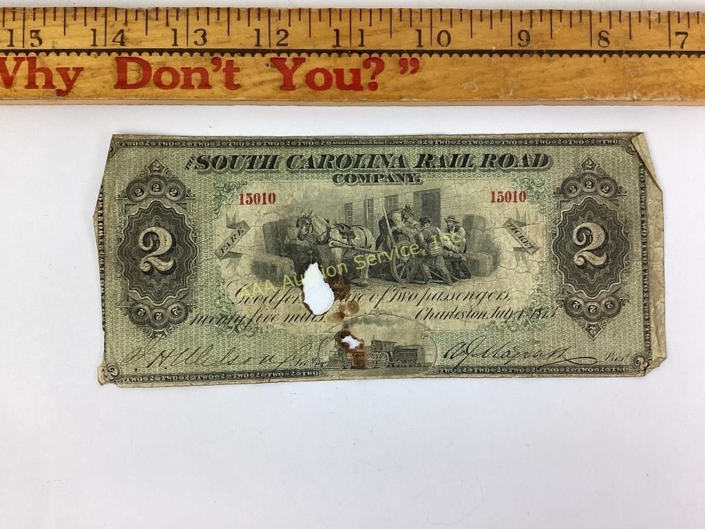 1873 South Carolina Railroad fare ticket