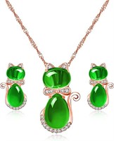 Cute .70ct White Topaz & Jade Cat Jewelry Set