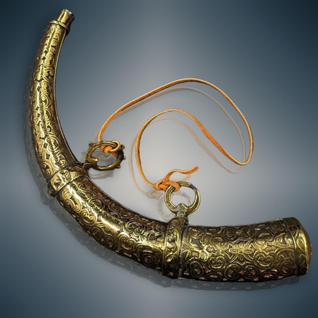 Antique Moroccan Brass / Steel Powder Horn Shot Fl