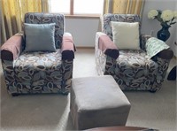 Set of Two Armchairs with Pillows and Stool