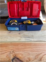 9 tape measures with tool box. Some Stanley.