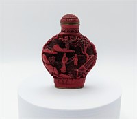 Chinese Carved Cinnabar Snuff Bottle With Spoon