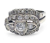 14K White Gold & Diamond Art Deco Ring.