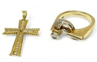 14K Gold & Diamond Cross Pendant and Men's Ring.