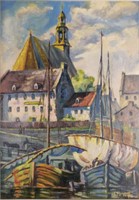Poulin, French Waterfront Harbour Scene, Oil
