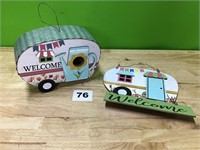 Wooden welcome sign and matching bird house