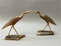 Pair of Carved Horn Heron Bird Sculptures