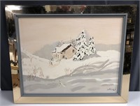 Winter Cabin Landscape, Oil on Art Board, Signed