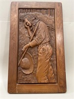 Lg Wood Plank Carving, Farmer in Field, Signed