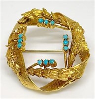 18K Gold & Turquoise Round Brooch.