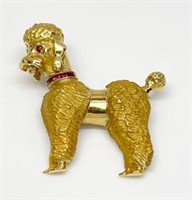 14K Gold and Ruby Poodle Dog Brooch.