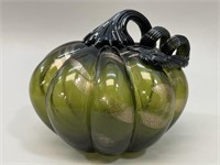 Green Art Glass Pumpkin with Applied Stem