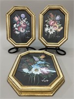 Vtg Floral Still Life Artworks in Octagonal Frames