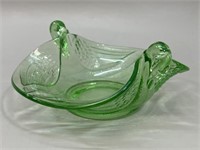 Green Fenton Depression Glass Swan Handle Bowl