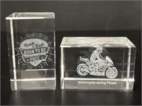 2 Laser Etched Crystal "Motorcycle" Paperweights