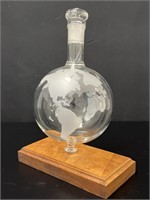 Etched Globe Whiskey Decanter on Wood Stand