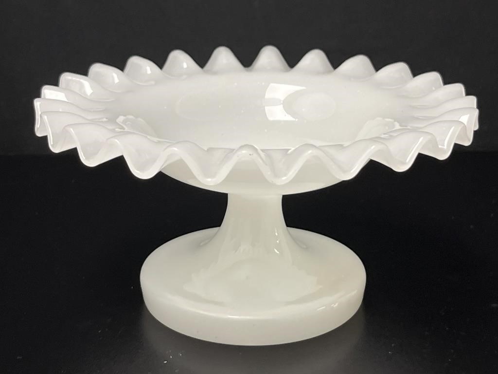 Fenton? Milk Glass Ruffle Rim Pedestal Bowl