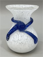 Italian White Splatter & Blue Bow Glass Bud Vase