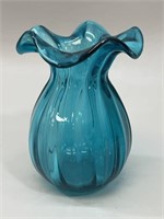 Cyan Glass Ruffle Rim Vase