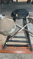 Funnel, tire iron, stool