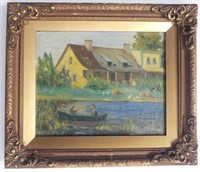 Renaud,(Attr) Fishing Pond & House, Oil on Board