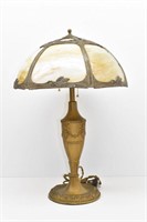 Antique 6 Panel Slag Glass Cast Bronze Base Lamp