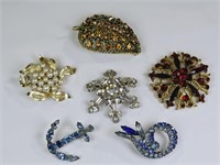 6 Vintage Rhinestone Brooches: Anchor, Faux Pearls