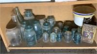 Shelf Of Vintage Jars, Bottles, Insulators, Misc