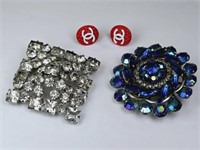 Vintage Channel Earrings, Rhinestone Brooches