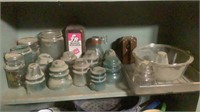 Shelf Of Vintage Glass Insulators, Jars, Cookware
