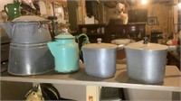 Enamel Kettle, Coffee Pot & (2) Vintage Alum. Pans