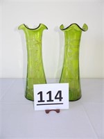 2 Handblown Green Glass Vases