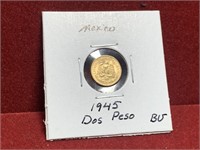 1945 MEXICO DOS PESO GOLD PIECE BU
