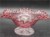 Blown Art Glass Cranberry Bowl w/ Clear Stem &