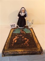 Nun Doll, Angle w/ Blue Bird, Religious Tapestry