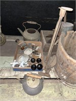 Vintage pots and items, wood pail