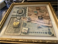 Framed Russian Currency and Collectors Pins