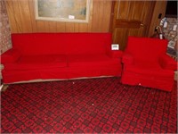 Couch & Chair - Both Have Red Covers on Them